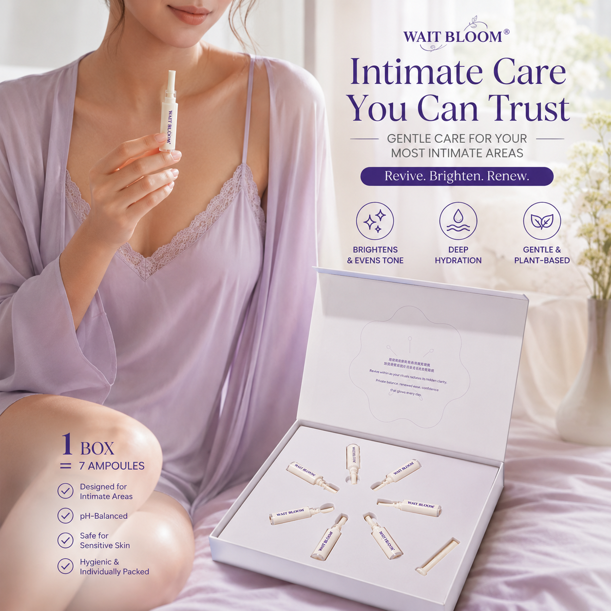 Wait Bloom Color-Revive Intimate Hydrogel — purple box with ampoules